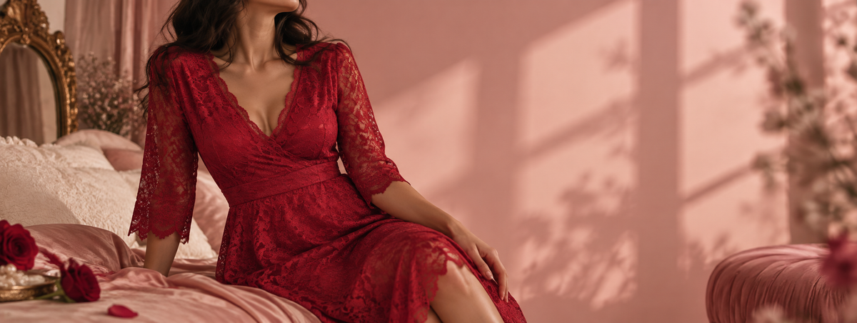 A woman wearing a red lace nightgown sits on a pink bed in a softly lit bedroom. The dress has three-quarter sleeves, a deep V-neckline, and a fitted waist with a matching fabric belt.